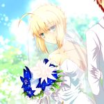  1girl ahoge artoria_pendragon_(all) bangs blonde_hair blue_flower blue_sky bouquet breasts bridal_veil cimeri cleavage collarbone day dress emiya_shirou eyebrows_visible_through_hair fate/stay_night fate_(series) flower green_eyes hair_between_eyes hair_ribbon holding holding_bouquet jacket looking_at_viewer medium_breasts outdoors red_hair ribbon saber see-through sidelocks sky sleeveless sleeveless_dress smile spiked_hair striped striped_dress tied_hair veil wedding_dress white_dress white_flower white_jacket white_ribbon 