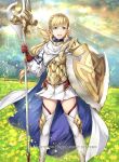  armor bangs blonde_hair braid cape cloud cloudy_sky commentary_request copyright_name crown_braid day dress field fire_emblem fire_emblem_heroes flower flower_field gloves gradient gradient_hair green_eyes holding holding_weapon long_hair long_sleeves looking_at_viewer mountain multicolored_hair official_art outdoors petals pink_hair polearm puffy_sleeves sharena shield short_dress sky smile solo spear striped sunlight thighhighs weapon yamada_koutarou zettai_ryouiki 