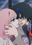  1boy 1girl absurdres bangs black_hair blue_eyes blue_horns commentary_request couple crying crying_with_eyes_open darling_in_the_franxx drooling eyebrows_visible_through_hair face-to-face facing_another forehead-to-forehead green_eyes hand_on_another&#039;s_face hetero highres hiro_(darling_in_the_franxx) horns long_hair long_sleeves looking_at_another military military_uniform necktie nightgown nikumanman oni_horns pink_hair red_horns red_neckwear saliva saliva_trail short_hair tears uniform zero_two_(darling_in_the_franxx) 
