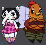  2018 aliasing animal_crossing annalisa_(animal_crossing) anteater anthro avian beak belly big_breasts biped bird black_clothing black_eyes black_hair black_tail blush breast_size_difference breasts broffina_(animal_crossing) brown_feathers chicken cleavage clothed clothing digital_drawing_(artwork) digital_media_(artwork) dress duo eyelashes eyeshadow feathered_wings feathers featureless_feet female front_view full-length_portrait garter_straps gloves_(marking) grey_background hair half-closed_eyes hands_on_hips huge_breasts klutzatdusk legwear lingerie lipstick long_snout looking_at_another looking_away makeup mammal markings mascara medium_breasts midriff multicolored_body multicolored_feathers nintendo non-mammal_breasts orange_feathers panties pink_clothing portrait purple_body raised_arm red_body red_lipstick ribbons short_hair shortstack simple_background skimpy slightly_chubby smile snout socks standing strapless_bra thigh_highs thigh_socks two_tone_feathers underwear video_games wattle white_body wide_hips winged_arms wings yellow_beak 