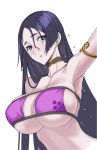  armlet bangs bare_shoulders bikini breasts choker cleavage collarbone commentary_request eyepatch_bikini fate/grand_order fate_(series) honjou_raita large_breasts long_hair minamoto_no_raikou_(fate/grand_order) minamoto_no_raikou_(swimsuit_lancer)_(fate) open_mouth parted_bangs purple_bikini purple_eyes purple_hair simple_background solo swimsuit very_long_hair wet white_background 