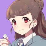  agata_(agatha) bangs blunt_bangs brown_hair cardigan closed_mouth collared_shirt earbuds earphones eyebrows_visible_through_hair face hair_bun idolmaster idolmaster_cinderella_girls kamiya_nao long_hair looking_at_viewer necktie purple_background red_eyes shirt single_earphone_removed solo 