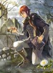  belt book boots cape cloud copyright_name doll earrings etzel_(fire_emblem) fire_emblem fire_emblem:_monshou_no_nazo fire_emblem_cipher flower jewelry long_hair low_ponytail male_focus monocle official_art rain red_eyes red_hair ring rock sky solo sparkle tree 