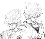  :d clone clothes_writing commentary_request dirty dirty_face dougi dragon_ball dragon_ball_z eyebrows_visible_through_hair frown greyscale highres looking_away male_focus monochrome multiple_views murata_yuusuke open_mouth serious short_hair simple_background smile son_gokuu spiked_hair super_saiyan upper_body white_background 