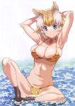  absurdres animal_ears animal_print armpits arms_behind_head arms_up bangs bikini blonde_hair blue_eyes breasts cleavage closed_mouth collarbone eyebrows_visible_through_hair full_body haritama_hiroki highres large_breasts navel scan short_hair sitting smile socks solo swimsuit tiger_ears toranoana water 