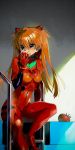  bangs bodysuit breasts eating eyebrows_visible_through_hair eyes_visible_through_hair food food_on_face fruit green_eyes hair_between_eyes hair_ornament highres holding holding_food holding_fruit long_hair mafuyu_hemp neon_genesis_evangelion number orange_hair pilot_suit plugsuit red_bodysuit sitting small_breasts solo souryuu_asuka_langley straight_hair tomato two_side_up 