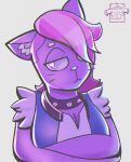  2018 anthro breasts cat chromatic_aberration clothed clothing collar digital_media_(artwork) feline female fur grey_background hair looking_at_viewer mammal monster_prom multicolored_hair purple_fur simple_background smile solo spiked_collar spikes sweater_pups_(artist) valerie_(monster_prom) video_games whiskers 