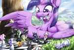  2018 applejack_(mlp) chess cutie_mark detailed_background digital_media_(artwork) earth_pony equine eyes_closed feathered_wings feathers female friendship_is_magic hair hi_res horn horse mammal micro mountain my_little_pony outside pony tree tsitra360 twilight_sparkle_(mlp) winged_unicorn wings 