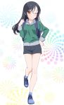  ;) alternate_hairstyle bangs black_hair blue_footwear collarbone floating_hair full_body green_sweater grey_shirt grey_shorts hair_between_eyes hair_down hand_on_hip highres leg_up long_hair looking_at_viewer narumi_tsubame new_game! one_eye_closed parted_bangs pink_x shiny shiny_hair shiny_skin shirt shoes short_shorts shorts smile sneakers solo standing standing_on_one_leg sweater white_background yellow_eyes 