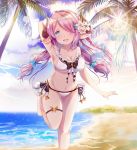  :d arm_up bangs barefoot beach bikini blue_eyes breasts cleavage cloud collarbone day eyebrows_visible_through_hair floating_hair flower granblue_fantasy groin hair_flower hair_ornament hair_over_one_eye highres horns leg_up lens_flare long_hair medium_breasts mutang narmaya_(granblue_fantasy) navel ocean open_mouth outdoors palm_tree pink_hair sideboob smile solo standing standing_on_one_leg sun sunlight swimsuit thigh_strap tree white_bikini white_flower 
