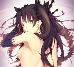  black_ribbon breasts brown_hair detached_sleeves earrings eyebrows_visible_through_hair fate/grand_order fate_(series) hair_between_eyes hair_ribbon ishtar_(fate/grand_order) jewelry long_hair looking_at_viewer looking_back magicians_(zhkahogigzkh) nude open_mouth red_eyes ribbon sideboob small_breasts solo twintails upper_body 