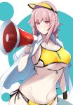  absurdres bangs bare_shoulders bikini blush braid breasts chaldea_lifesavers cleavage closed_mouth collarbone commentary eyebrows_visible_through_hair eyelashes fate/grand_order fate_(series) florence_nightingale_(fate/grand_order) folded_ponytail highres hips jacket large_breasts long_hair looking_at_viewer megaphone nanakaku navel open_clothes open_jacket pink_hair red_eyes side-tie_bikini smile solo swimsuit thighs visor_cap whistle white_jacket wristband yellow_bikini 