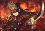  androgynous black_hat black_jacket cape chain fate/grand_order fate_(series) fire gloves grey_gloves hair_between_eyes hat holding holding_sword holding_weapon jacket kodachi kusano_shinta long_hair looking_at_viewer military military_hat military_uniform oda_nobunaga_(fate) outdoors red_cape red_eyes short_sword smile solo sword uniform upper_body weapon 