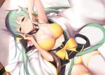  bed bikini blush bow breasts cleavage fate/grand_order fate_(series) green_hair japanese_clothes kiyohime_(fate/grand_order) long_hair maosame swimsuit thighhighs twintails yellow_eyes 