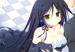  black_hair blush breasts cleavage dress elbow_gloves gloves green_eyes juuoumujin_no_fafnir korie_riko long_hair tachikawa_honoka 