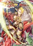  armor armored_boots belt blonde_hair boots breasts cape cleavage commentary_request company_connection company_name copyright_name day dragon dress earrings fingerless_gloves fire_emblem fire_emblem:_rekka_no_ken fire_emblem_cipher gloves holding holding_weapon jewelry large_breasts lipstick looking_at_viewer makeup official_art open_mouth outdoors polearm scar short_dress short_sleeves shoulder_armor smile solo spear thighhighs vaida watermark weapon whip wyvern yoneko_okome 