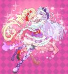  ;) ;d aisaki_emiru asakura_404 bangs black_legwear blonde_hair boots bow checkered checkered_background cure_amour cure_macherie detached_sleeves eyebrows_visible_through_hair full_body gloves hair_bow high_heels highres hug hugtto!_precure long_hair looking_at_viewer multiple_girls one_eye_closed open_mouth orange_eyes pink_background pink_footwear precure purple_bow purple_eyes red_bow red_footwear ruru_amour silver_hair smile sparkle thigh_boots thighhighs tied_hair twintails very_long_hair white_gloves white_legwear zettai_ryouiki 