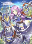  armor bangs belt belt_pouch boots breastplate circlet closed_mouth cloud cloudy_sky commentary_request company_name copyright_name day elbow_gloves eyebrows_visible_through_hair feathered_wings feathers fire_emblem fire_emblem:_rekka_no_ken fire_emblem_cipher florina gloves green_eyes hmk84 holding holding_weapon horn lavender_hair long_hair looking_at_viewer official_art outdoors pegasus pegasus_knight pouch sky smile solo thigh_boots thighhighs weapon wings zettai_ryouiki 