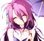  bad_id bad_twitter_id bare_arms bare_shoulders breasts closed_eyes closed_mouth collarbone commentary_request dress eyebrows_visible_through_hair facing_viewer hair_between_eyes highres misteor no_game_no_life pink_hair purple_dress purple_umbrella shuvi_(no_game_no_life) solo umbrella white_background 