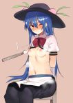  &gt;:( apron arms_behind_back asuzemu black_hat black_skirt blue_hair blush bound bound_arms bow bowtie breasts brown_background chair commentary_request eyebrows_visible_through_hair feet_out_of_frame food fruit hair_between_eyes hat hinanawi_tenshi leaf long_hair long_skirt looking_at_viewer navel nipples one_eye_closed peach puffy_short_sleeves puffy_sleeves red_bow red_eyes red_neckwear shirt short_sleeves simple_background sitting skirt small_breasts solo stomach sweat touhou v-shaped_eyebrows very_long_hair waist_apron white_apron white_shirt wing_collar 