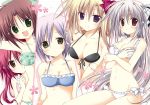  bikini blonde_hair blush bow breast_hold breasts brown_eyes brown_hair cleavage firill_crest gray_hair green_eyes group iris_freyja juuoumujin_no_fafnir korie_riko lisa_highwalker navel purple_eyes purple_hair red_hair ren_miyazawa riella_lu short_hair swimsuit 