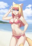  :3 animal_ears bangs beach bikini blonde_hair borrowed_character breasts commission contrapposto criss-cross_halter cristalavi day dog_ears dog_tail eyebrows_visible_through_hair flower gradient_hair hair_between_eyes hair_flower hair_ornament halterneck highres long_hair looking_at_viewer medium_breasts multicolored_hair navel ocean open_mouth orange_hair original outdoors pink_bikini red_hair side-tie_bikini sky smile solo standing swimsuit tail 