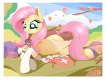  2018 absurd_res ambiguous_gender avian bird blue_eyes border cervine clothing cutie_mark digital_media_(artwork) duo equine feathered_wings feathers female feral fluttershy_(mlp) friendship_is_magic gloves hair hi_res mammal my_little_pony nevobaster outside pegasus pink_hair size_difference white_border wings 