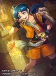  blue_eyes blue_hair boots coin copyright_name dagger fingerless_gloves fire_emblem fire_emblem:_monshou_no_nazo fire_emblem_cipher gloves long_hair low_ponytail male_focus money nekobayashi official_art open_mouth ricard_(fire_emblem) solo sparkle teeth weapon 