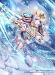 armor artist_name bangs belt blonde_hair blue_eyes blue_hair cape commentary_request company_name copyright_name crown dress earrings feather_trim fingernails fire_emblem fire_emblem_cipher fire_emblem_heroes fjorm_(fire_emblem_heroes) gradient gradient_hair holding holding_weapon jewelry long_sleeves multicolored_hair n_kamui official_art open_mouth polearm short_dress short_hair shoulder_armor shoulder_pads snowflakes solo spear thighhighs weapon 