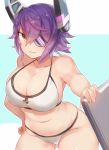  armpits ass_visible_through_thighs bikini breasts collarbone expressive_clothes eyepatch grin hand_on_hip headgear kantai_collection large_breasts leaning_forward navel necktie purple_hair short_hair sideboob smile solo swimsuit tenryuu_(kantai_collection) thighs white_bikini yamaarashi yellow_eyes 