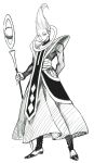  absurdres arm_behind_back commentary dragon_ball dragon_ball_super dress expressionless eyelashes full_body greyscale highres long_sleeves looking_away male_focus monochrome murata_yuusuke serious simple_background solo staff standing whis white_background 
