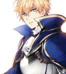 arthur_pendragon_(fate) blonde_hair blue_cape blue_eyes breastplate cape eyebrows_visible_through_hair fate/prototype fate_(series) hair_between_eyes looking_at_viewer male_focus parted_lips simple_background solo upper_body white_background yunomitootya 