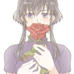  blue_eyes blush covering_mouth fire_emblem fire_emblem:_seisen_no_keifu flower futatsuki_(perfect_lovers) holding holding_flower lakche_(fire_emblem) looking_at_viewer rose simple_background solo upper_body white_background 