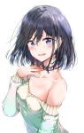  absurdres adagaki_aki bangs black_hair blue_eyes blush casual collar collarbone collared_shirt eyebrows_visible_through_hair hair_between_eyes hand_on_own_throat highres long_sleeves looking_at_viewer masamune-kun_no_revenge no_bra off-shoulder_sweater open_mouth shirt short_hair single_bare_shoulder solo sunhyun sweater upper_body wavy_mouth white_background 