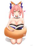  1nilla' animal_ear_fluff animal_ears blue_ribbon blush breasts cleavage closed_mouth collarbone detached_sleeves ears_perk fang fate/extra fate/grand_order fate_(series) fox_ears fox_tail hair_ribbon japanese_clothes large_breasts looking_at_viewer pink_hair pixiv_username ribbon simple_background sitting smile solo tail tamamo_(fate)_(all) tamamo_no_mae_(fate) tsurime white_background yellow_eyes 