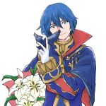  armor blue_eyes blue_hair cape cosplay eliwood_(fire_emblem) eliwood_(fire_emblem)_(cosplay) fire_emblem fire_emblem:_kakusei fire_emblem:_rekka_no_ken fire_emblem_heroes flower gloves holding holding_weapon looking_at_viewer lucina marth_(fire_emblem:_kakusei) mask nezumoto reverse_trap short_hair simple_background smile solo tiara weapon 