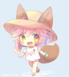  animal_ears blue_background blush chibi ears_through_headwear fangs fate/grand_order fate_(series) fox_ears fox_tail full_body hat kouu_hiyoyo looking_at_viewer open_mouth pink_hair pixiv_username shirt simple_background solo straw_hat t-shirt tail tamamo_(fate)_(all) tamamo_no_mae_(swimsuit_lancer)_(fate) yellow_eyes 