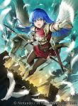  armor blue_eyes blue_hair cape castle daigoman dress elbow_gloves fingerless_gloves fire_emblem fire_emblem:_monshou_no_nazo fire_emblem_cipher gloves long_hair looking_at_viewer official_art open_mouth pegasus_knight polearm sheeda smile solo spear thighhighs weapon 