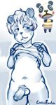  2017 3_fingers animal_crossing anthro anthrofied balls bear belly biped blue_and_white blush bottomless captnfanta chester_(animal_crossing) clothed clothing clothing_lift digital_drawing_(artwork) digital_media_(artwork) front_view hair half-erect half-length_portrait hi_res humanoid_face humanoid_hands humanoid_penis looking_away love_handles male mammal monochrome navel nintendo nipples official_art outline panda penis portrait presenting presenting_penis pubes shirt shirt_lift short_hair shy slightly_chubby solo standing video_games 