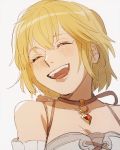  bare_shoulders blonde_hair blush breasts closed_eyes collarbone fiorun highres jewelry necklace omiya599 open_mouth short_hair simple_background smile solo spoilers xenoblade_(series) xenoblade_1 