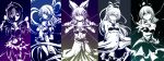  absurdres arms_behind_back breasts column_lineup commentary_request dress earmuffs hair_rings hands_in_opposite_sleeves hat highres hisin japanese_clothes kaku_seiga kariginu long_hair long_sleeves looking_at_viewer miyako_yoshika monochrome mononobe_no_futo multiple_girls ofuda outstretched_arms pointy_hair ponytail short_hair short_sleeves skirt sleeveless smile soga_no_tojiko sword tate_eboshi touhou toyosatomimi_no_miko weapon wide_sleeves zombie_pose 