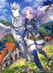  armor banned_artist blush dress field fire_emblem fire_emblem:_rekka_no_ken fire_emblem_cipher florina flower gloves green_eyes jewelry kawasumi_(japonica) long_hair looking_at_viewer official_art open_mouth pegasus_knight purple_hair smile solo thighhighs weapon 