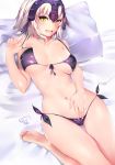  absurdres bed bikini black_bikini breasts cekonikova commentary covered_nipples fate/grand_order fate_(series) feet fingernails front-tie_top hand_under_clothes highres jeanne_d'arc_(alter)_(fate) jeanne_d'arc_(fate)_(all) large_breasts looking_at_viewer lying navel open_mouth pillow short_hair side-tie_bikini silver_hair soles solo strap_pull swimsuit yellow_eyes 