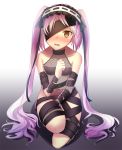  alternate_costume asymmetrical_clothes bare_shoulders between_legs black_background black_hair black_ribbon blush breasts collarbone commentary_request cosplay embarrassed euryale fate/grand_order fate_(series) fishnet_legwear fishnets frilled_hairband frills full_body gradient gradient_background hair_between_eyes hairband hand_between_legs light_brown_eyes long_hair looking_at_viewer mochizuki_chiyome_(fate/grand_order) mochizuki_chiyome_(fate/grand_order)_(cosplay) nidaime_(doronbo) one_knee open_mouth purple_eyes purple_hair ribbon small_breasts solo tears thighs twintails very_long_hair white_background 