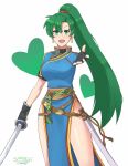  :d bare_legs black_gloves breasts earrings feet_out_of_frame fingerless_gloves fire_emblem fire_emblem:_rekka_no_ken gloves gold_trim green_eyes green_hair hand_up high_ponytail highres holding holding_sword holding_weapon jewelry large_breasts long_hair looking_at_viewer lyndis_(fire_emblem) open_mouth pelvic_curtain ponytail reaching_out sarukaiwolf shiny shiny_hair short_sleeves side_slit signature simple_background smile solo standing sword very_long_hair weapon white_background 
