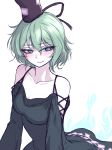  3: adapted_costume aura bare_shoulders black_hat black_ribbon blush breasts cleavage collarbone colored_eyelashes commentary_request dress eyebrows_visible_through_hair green_dress green_eyes green_hair hair_between_eyes hat hat_ribbon highres long_sleeves looking_at_viewer medium_breasts miata_(miata8674) off-shoulder_dress off_shoulder ofuda ribbon short_hair simple_background soga_no_tojiko solo tate_eboshi touhou upper_body white_background wide_sleeves 