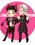  ^_^ alternate_eye_color black_hair blush chain character_name clenched_hands closed_eyes collar demon_boy demon_horns demon_tail demon_wings hair_slicked_back hands_on_hips heart heart-shaped_mouth heart_tail high_heels highres horns katsuki_yuuri male_focus monsterification multiple_boys open_mouth pointy_ears priest red_eyes silver_hair smile tail twc_(p-towaco) viktor_nikiforov wings yuri!!!_on_ice 