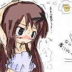 1girl arms_up black_eyes blue_tubetop blush brown_hair collarbone embarrassed eyebrows_visible_through_hair female hair_ornament hairclip have_to_pee japanese_text jirene long_hair nose_blush open_mouth original shuriken simple_background sketch solo strapless sweat talking tears text_focus thought_bubble translation_request trembling tubetop upper_body urine_meter white_background 