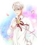  blue_eyes bug butterfly collared_shirt insect jewelry male_focus petals red_string ring shirt silver_hair smile solo string twc_(p-towaco) viktor_nikiforov yuri!!!_on_ice 
