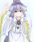  commentary_request grey_eyes hand_up hat hat_ribbon highres japanese_clothes kariginu long_hair long_sleeves looking_at_viewer mononobe_no_futo ponytail ribbon silver_hair sleeves_past_wrists smile solo tarumaru tate_eboshi touhou white_ribbon wide_sleeves 